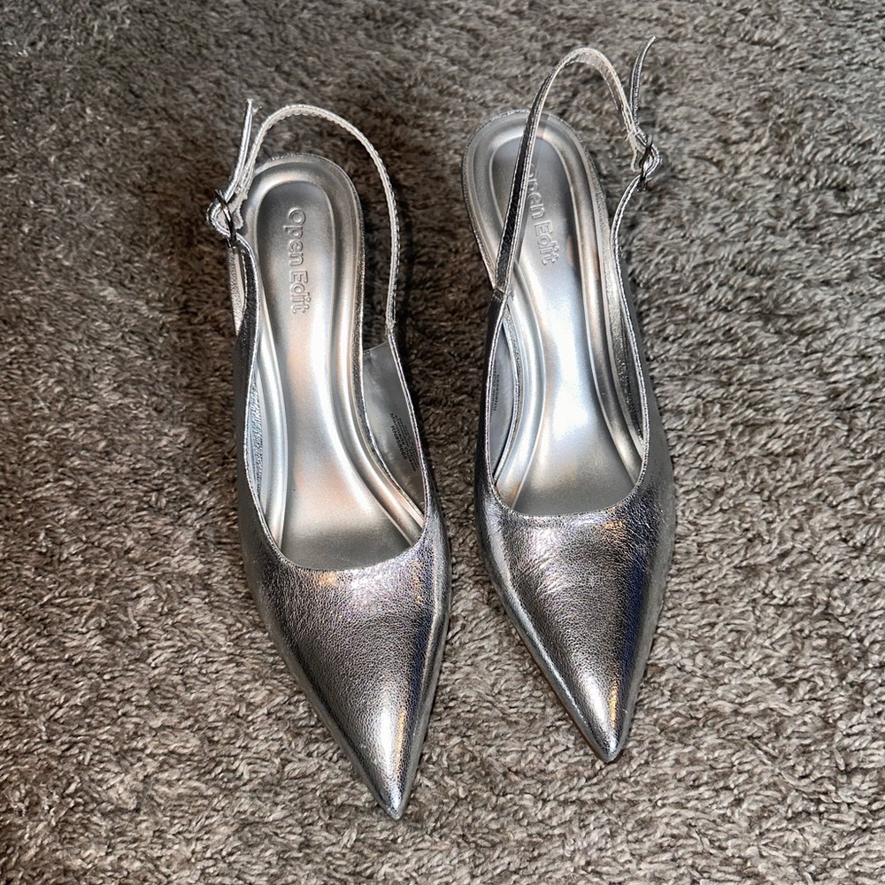 Open Edit Metallic Silver Slingback Heels